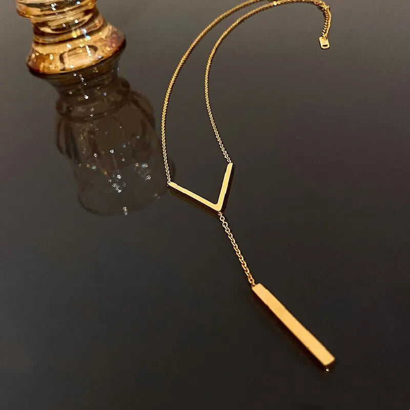 Gold V-Shape Bar Tassel Collarbone Necklace | Stainless Steel Pendant Necklace Nixie