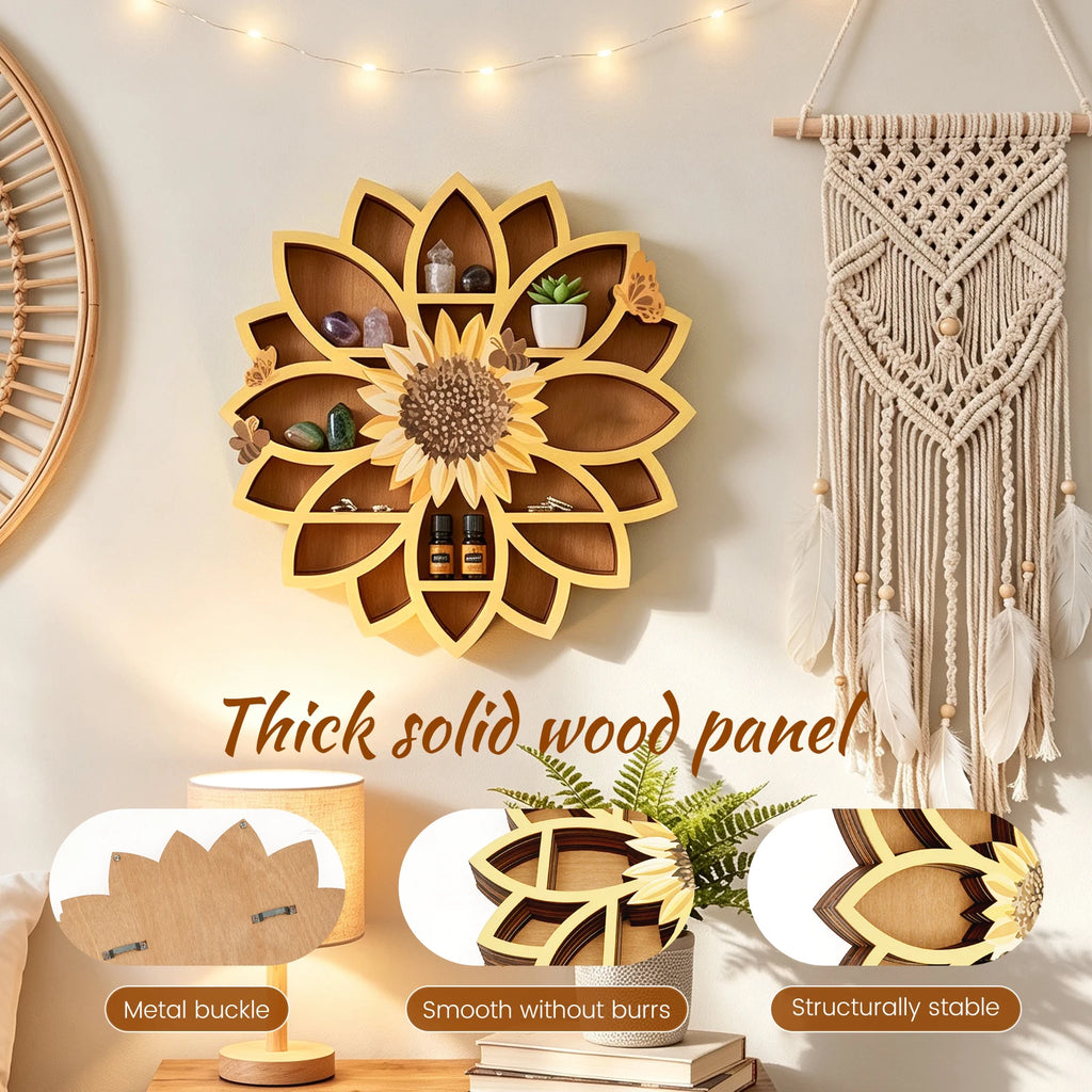 Sunflower Crystal Wall Shelf – Boho Farmhouse Wood Wall Decor Decorative Wall Shelf Nixie