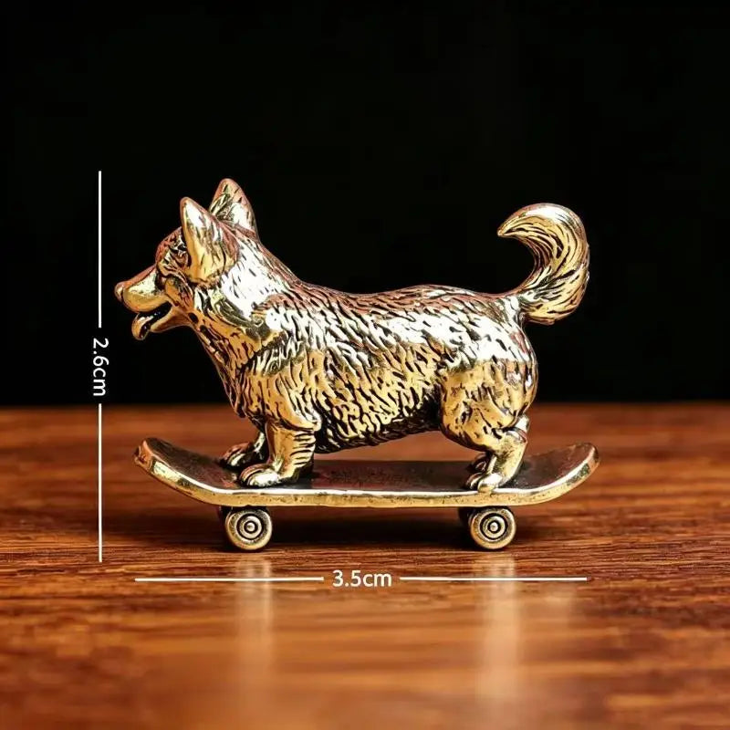 Brass Skateboard Dog Miniature Figurine – Lucky Desk Ornament