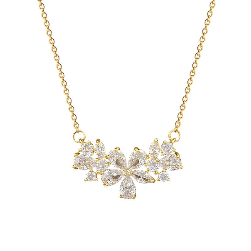 Openwork Zirconia Flower Pendant Necklace – Gold Steel Pendant Necklace Nixie