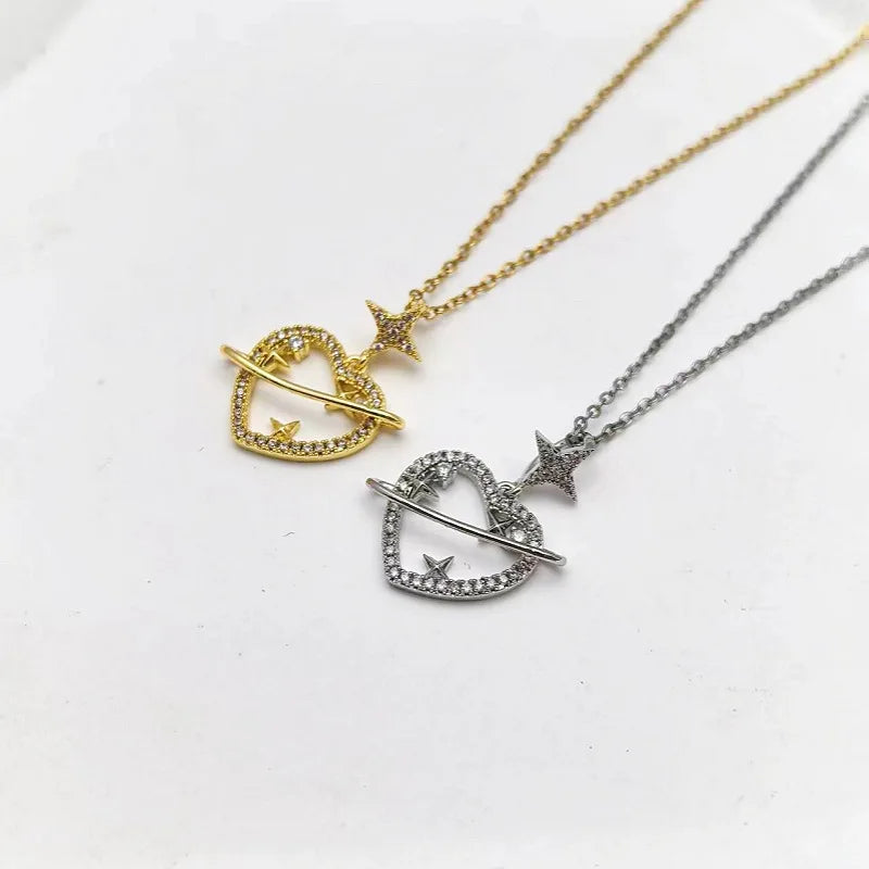 Heart Rhinestone Copper Pendant Necklace | Women's Clavicle Chain Pendant Necklace Nixie