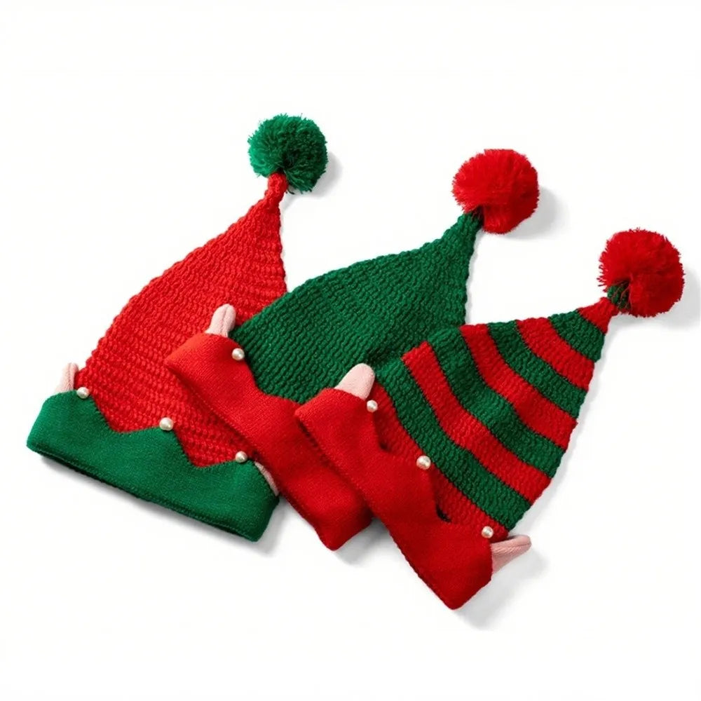 Striped Knitted Christmas Hat with Ears & Pom-Pom | Elf Santa Cap Knitted Christmas Hat Nixie