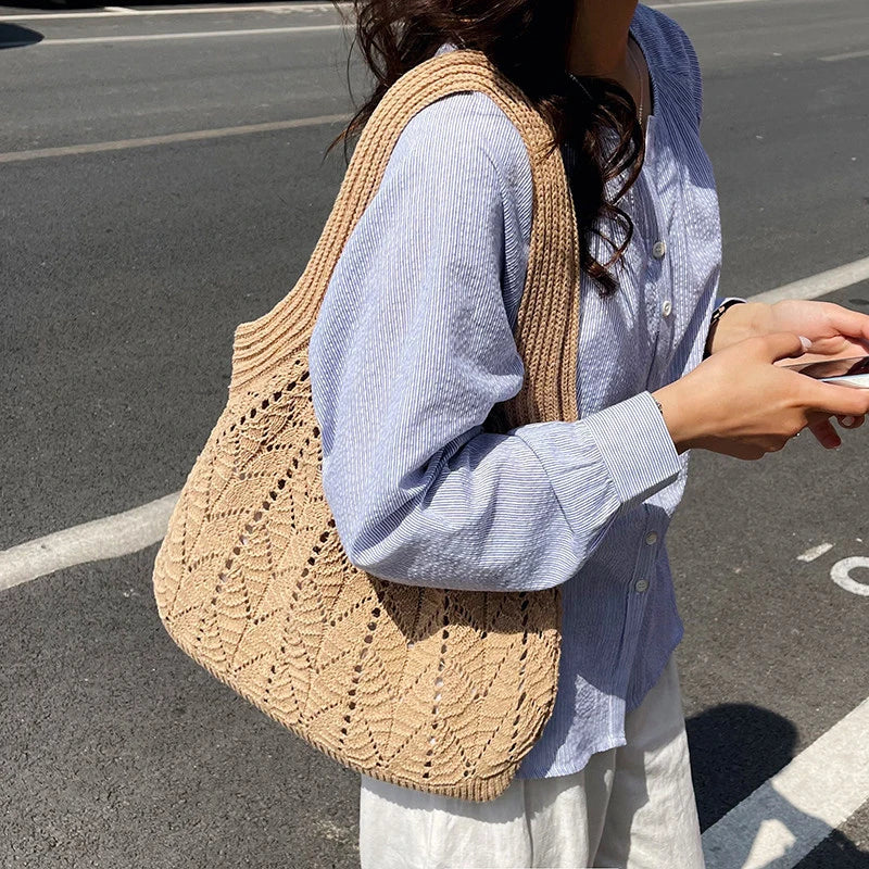 Women's Knitted Cotton Tote Bag – Large Capacity Shoulder Bag Knitted Tote Bag Nixie