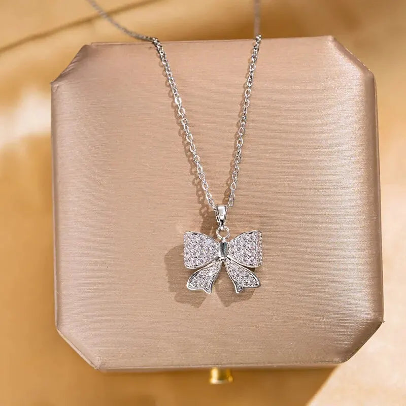 Gold Butterfly Zircon Pendant Necklace | Copper & Steel Chain Pendant Necklace Nixie