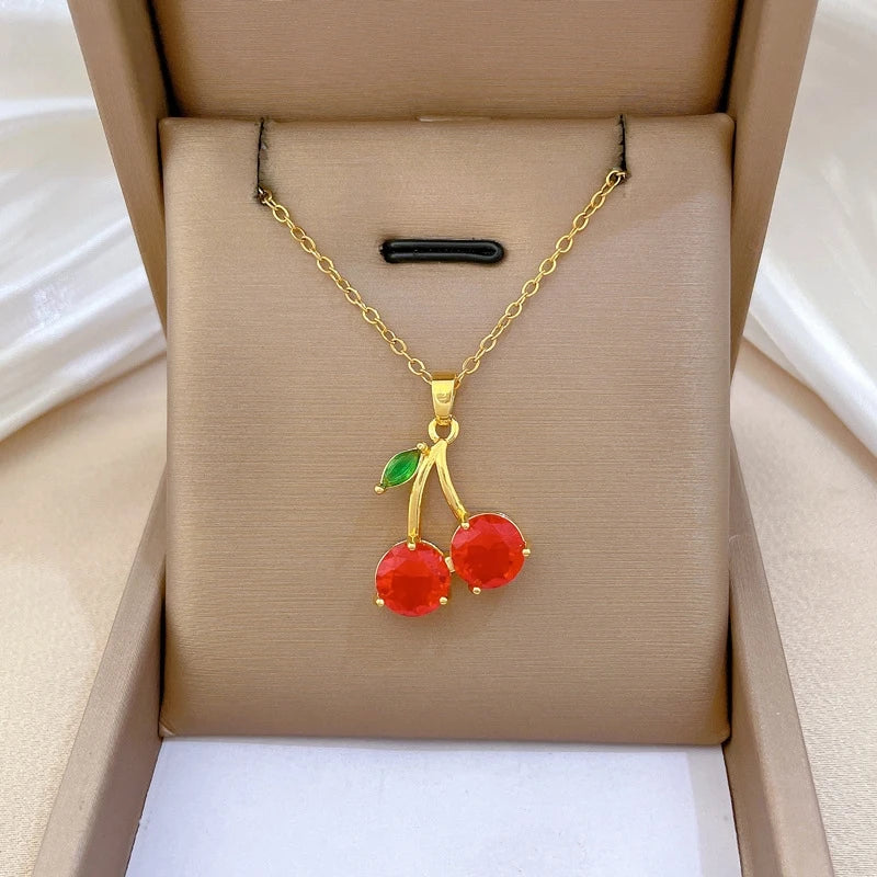 Cherry Pendant Necklace | Gold Stainless Steel Clavicle Chain Pendant Necklace Nixie