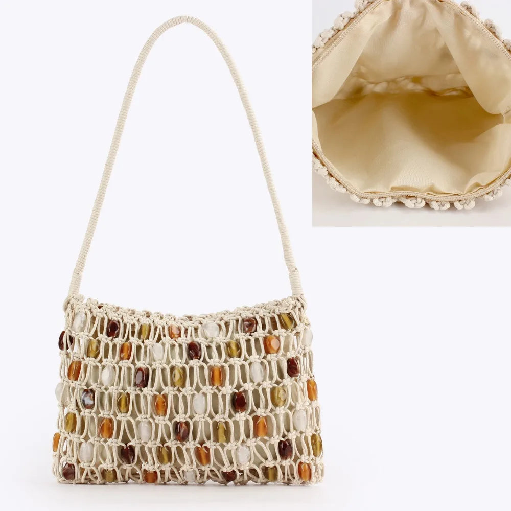 Bohemian Beaded Woven Tote Bag – Colorful Crochet Shoulder Bag Woven Tote Bag Nixie White-zipper