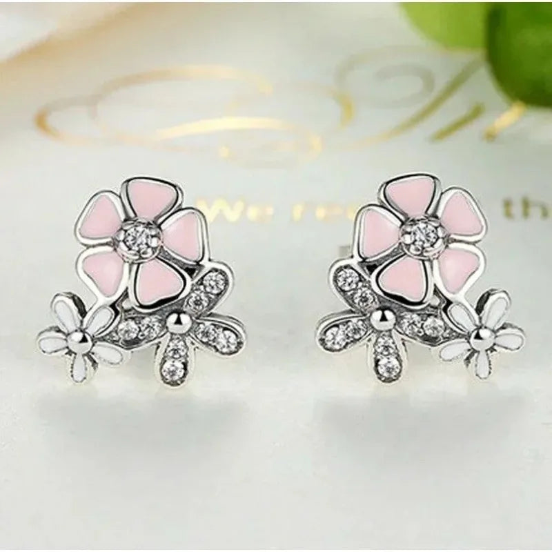 Silver Floral Daisy Zircon Stud Earrings – Pink & Peach Stud Earrings Nixie