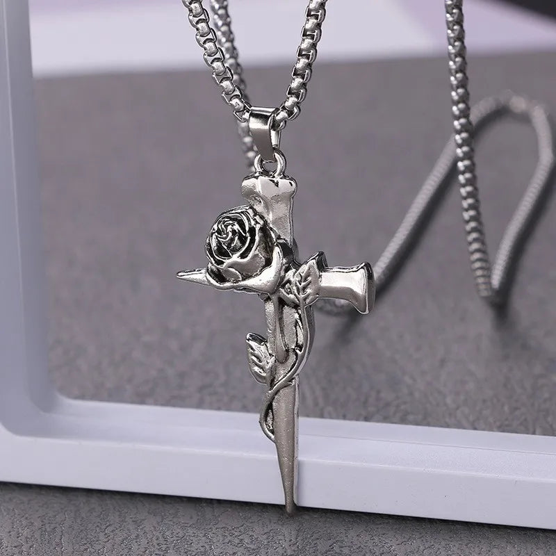 Retro Rose Cross Long Necklace Hip Hop Unisex Pendant Fashion Necklace Nixie