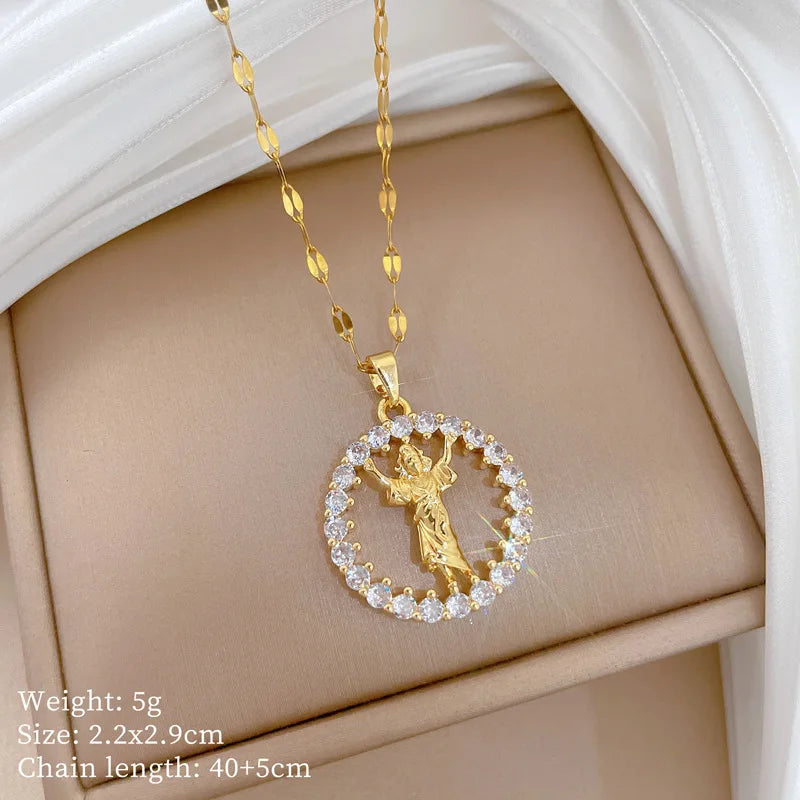 Round Zircon Pendant Necklace – Gold Plated Stainless Steel Pendant Necklace Nixie XL2606-702