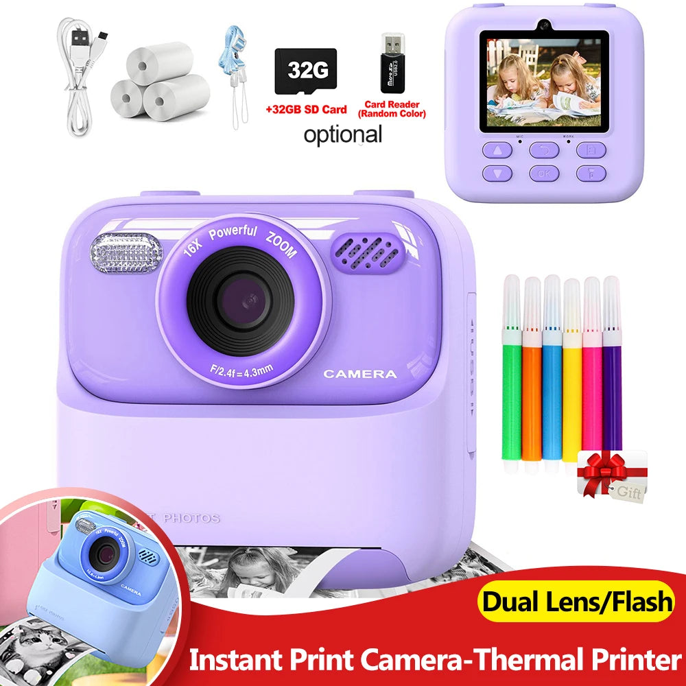 Kids Instant Print Camera 1080P HD Thermal Printer Dual Lens Kids Instant Camera Nixie