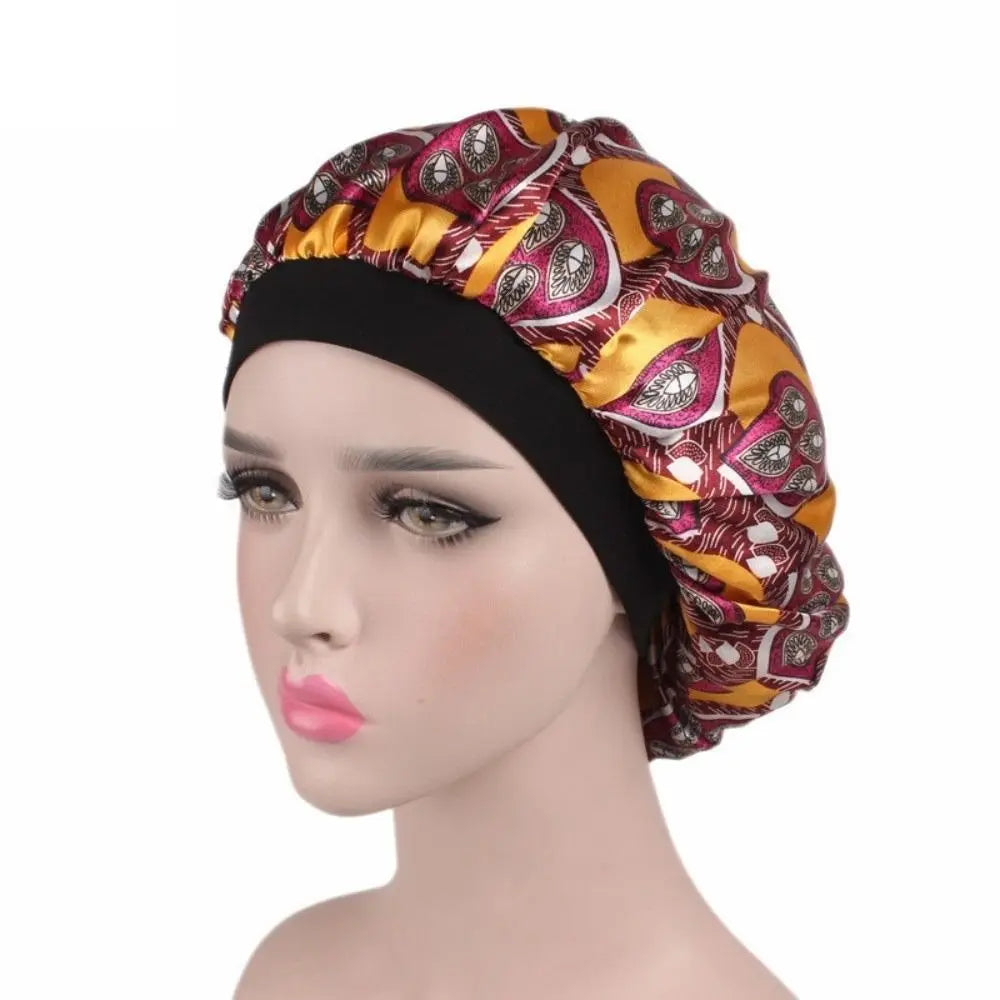 Floral Satin Sleep Bonnet – Elastic Wide Band Hair Wrap Cap