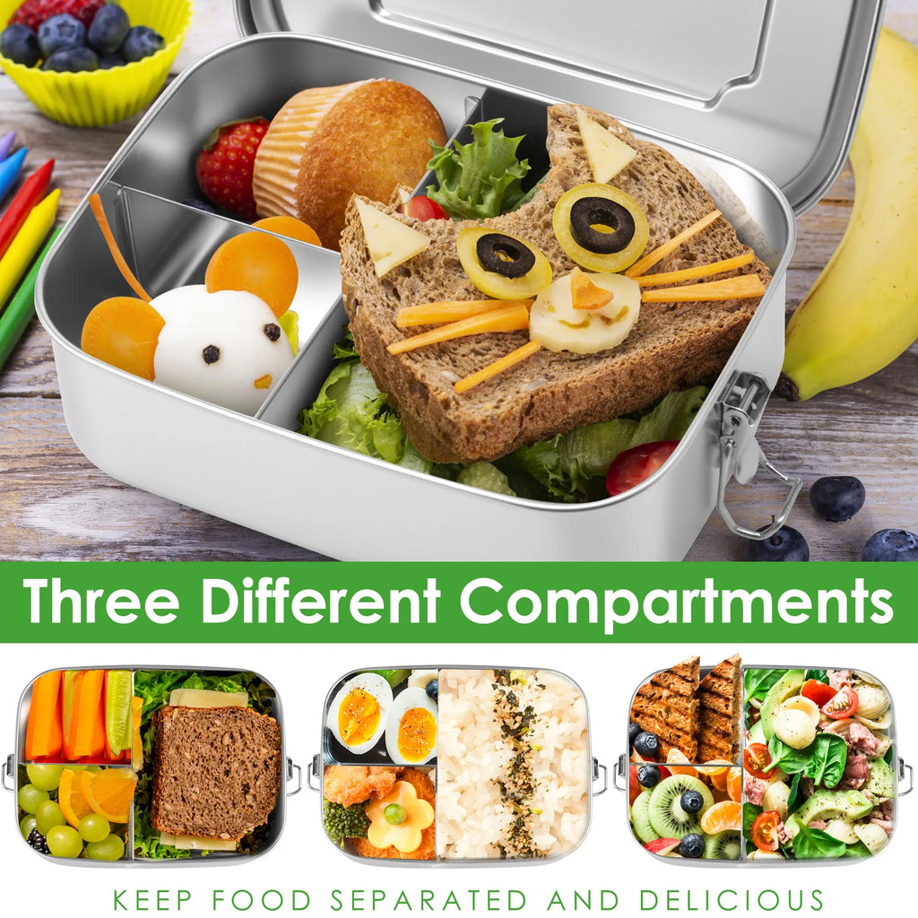 Nixie Stainless Steel Bento Box 1500ml Leakproof 3-Compartment Bento Lunch Box Nixie