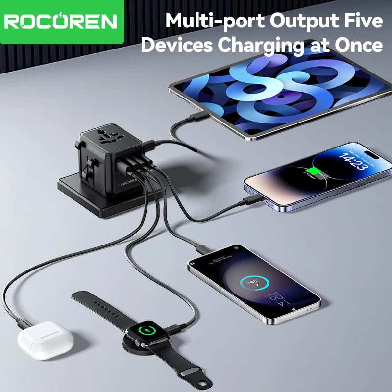 Rocoren Universal Travel Adapter GaN Fast Charging USB-C USB-A