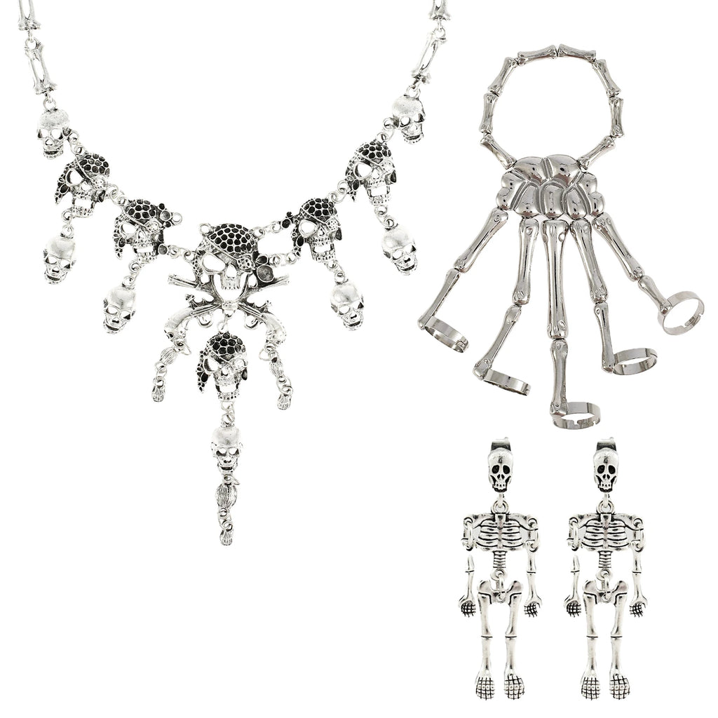 4Pc Halloween Skeleton Jewelry Set – Silver Necklace & Earrings Halloween Jewelry Set Nixie 4 piece set silver
