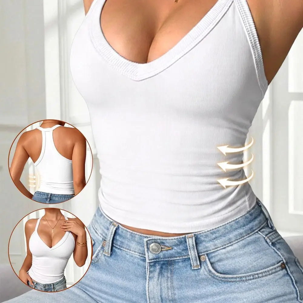 Women's V-Neck Crop Tank Top with Built-In Bra | All Season Crop Tank Top Nixie