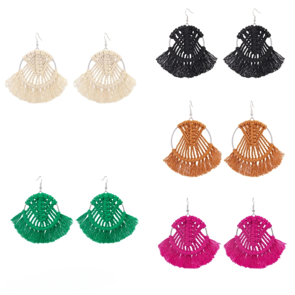 Bohemian Colorful Tassel Drop Earrings – Handwoven Fan Shape