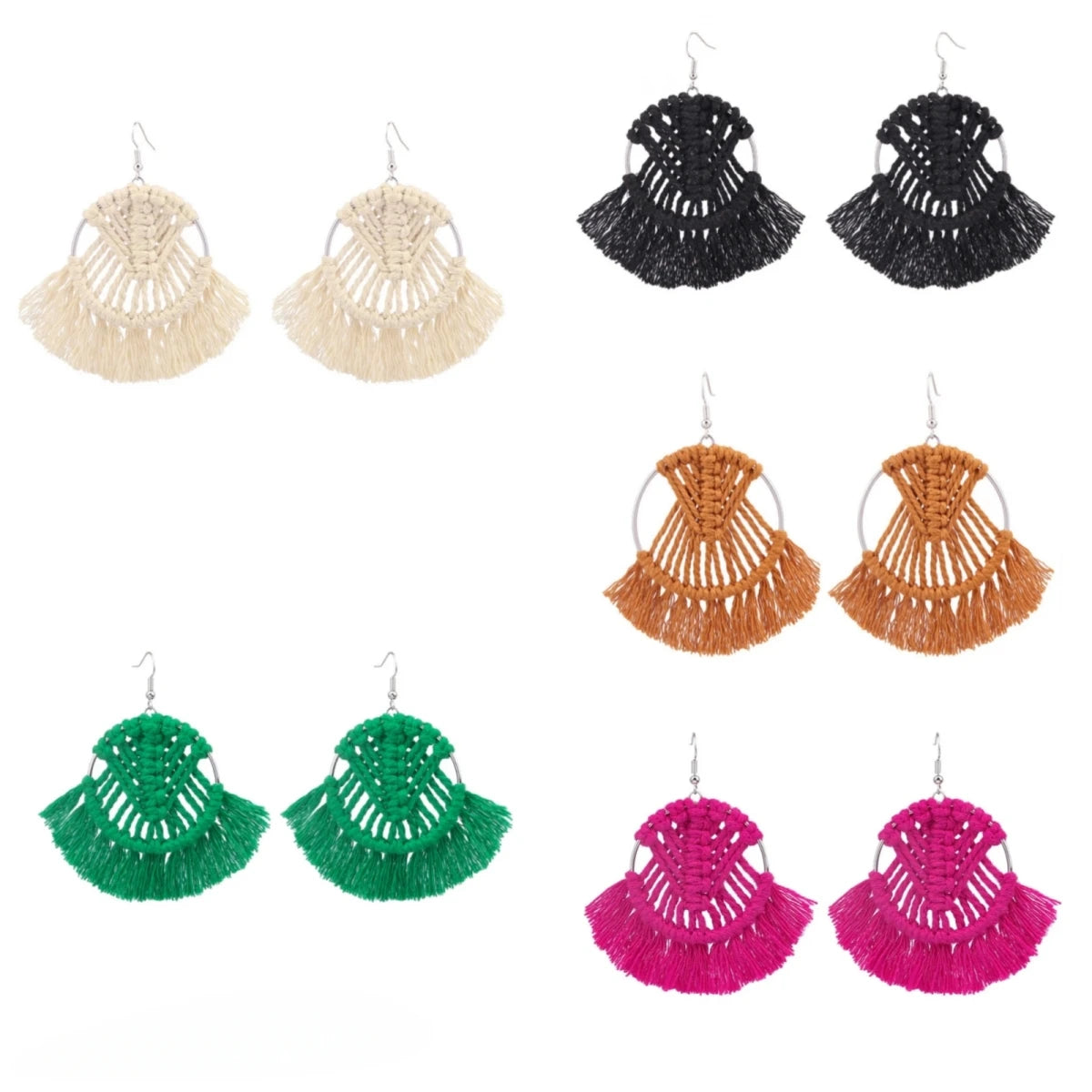 Bohemian Colorful Tassel Drop Earrings – Handwoven Fan Shape