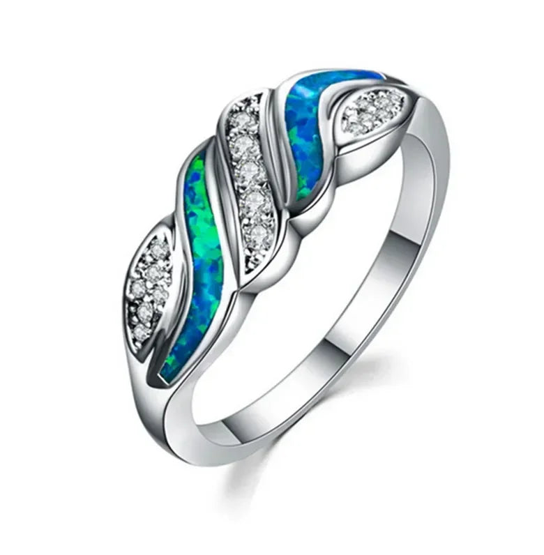 Silver Rhombus Blue Simulated Opal CZ Ring – Sizes 6–10