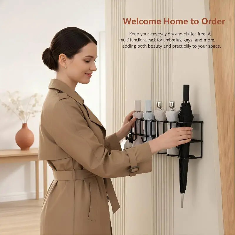 Wall-Mounted Umbrella Holder Indoor Storage Rack with Hooks