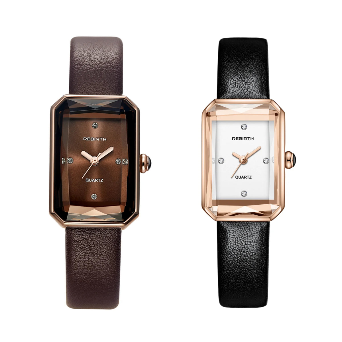 REBIRTH Retro Elegant Leather Quartz Watch | Rectangle Dial Quartz Wristwatch Nixie Coffee and Black
