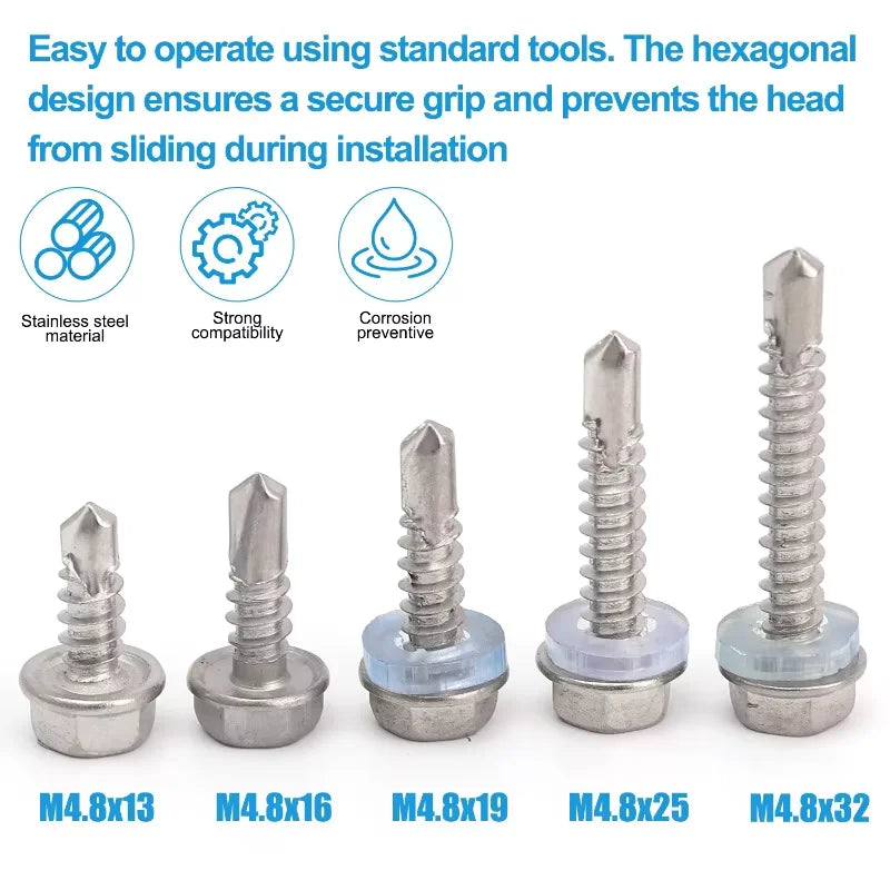 100PCS M4.2 Stainless Steel Hex Self-Tapping Sheet Metal Screws Sheet Metal Screws Nixie