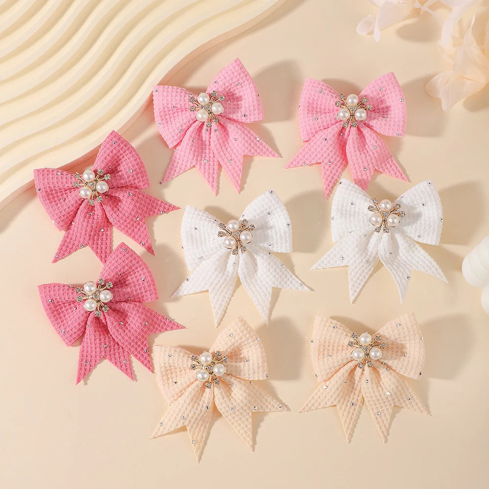 Waffle Fabric Pearl Rhinestone Bow Hair Clips 4 Pairs Girls Bow Hair Clips Nixie