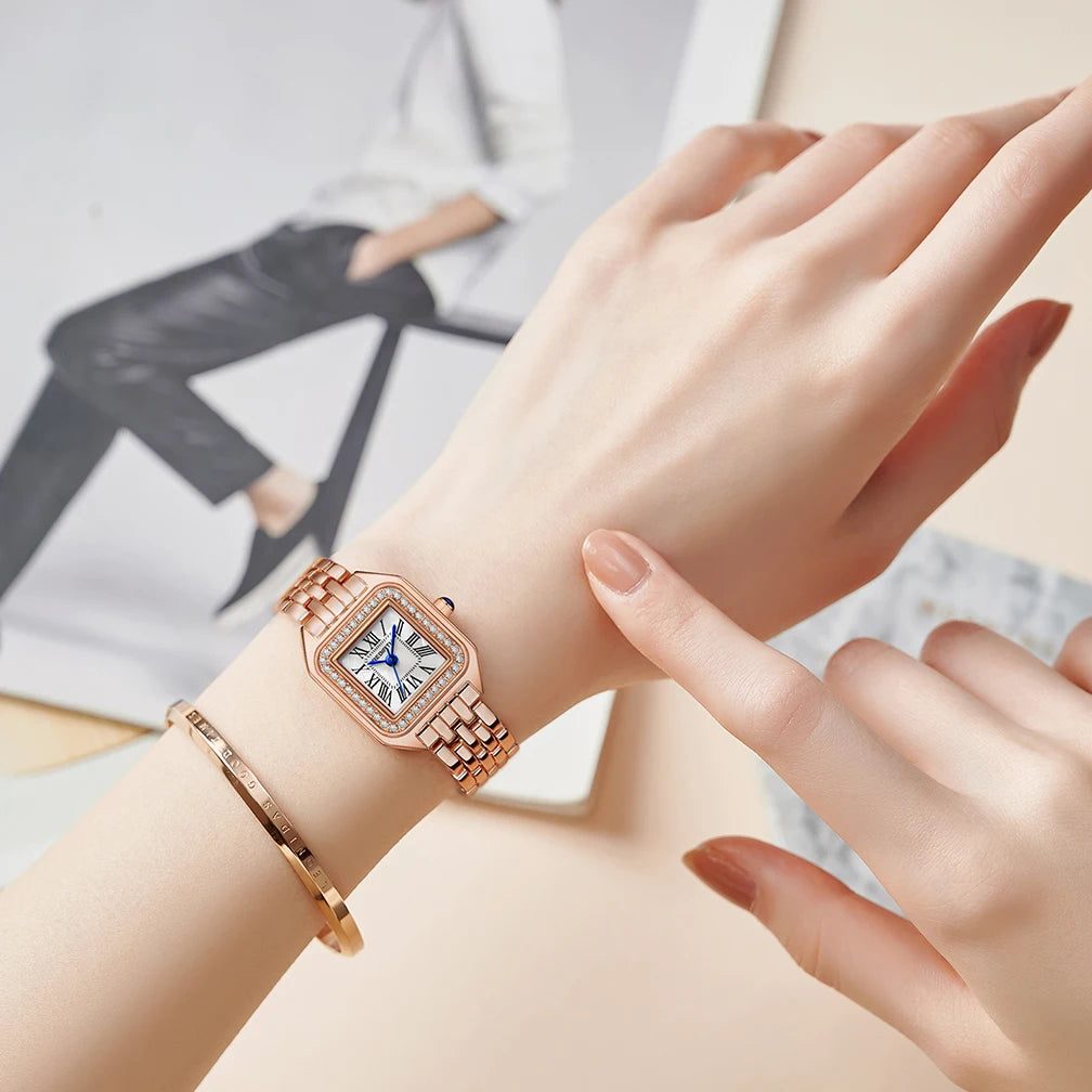 REBIRTH Women's Square Roman Numeral Quartz Watch | Elegant Women's Quartz Watch Nixie
