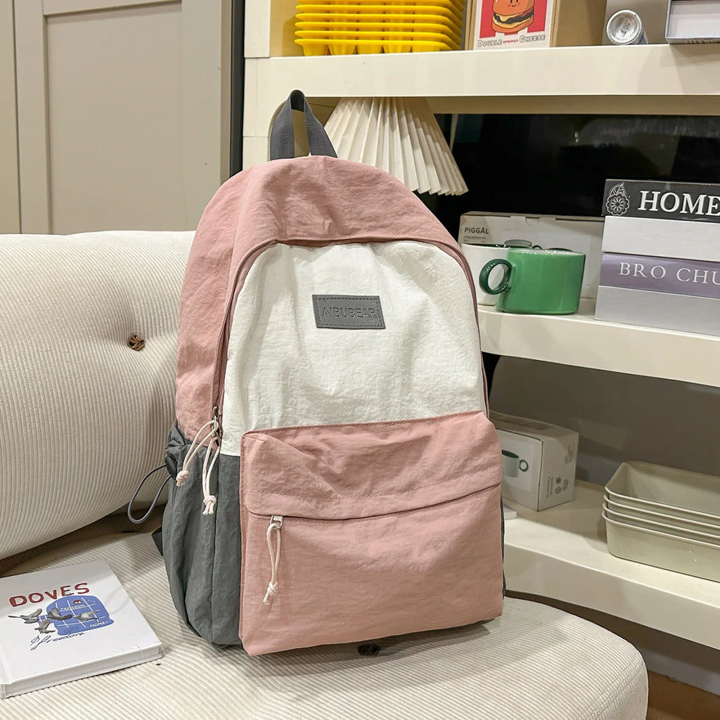 Color-Block Nylon Backpack – Large Capacity School Bag for Women