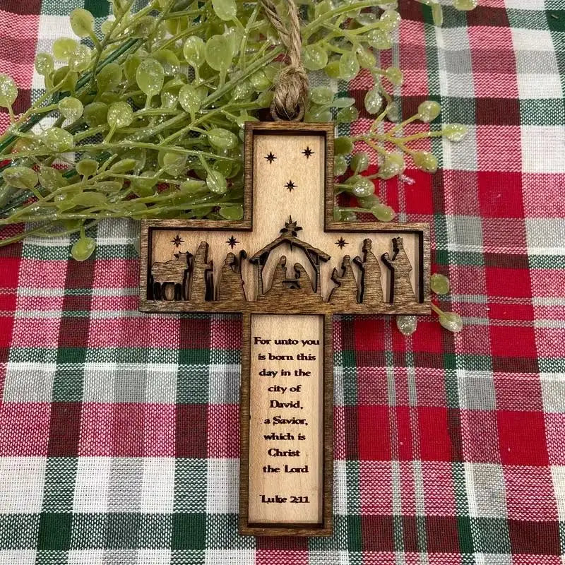 3D Nativity Wooden Cross Ornament – Handmade Christmas Decor Christmas Tree Ornament Nixie