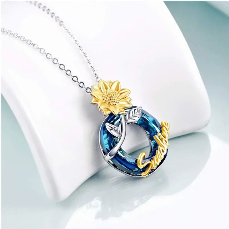 Sunflower Blue Crystal Mood Tracker Necklace – Zinc Alloy Crystal Chain Necklace Nixie
