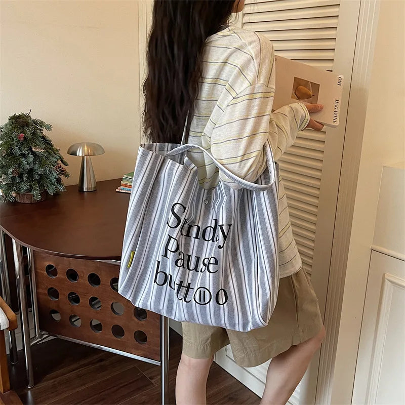 Women's Large Canvas Tote Bag – Striped Shoulder & Work Bag Canvas Tote Bag Nixie