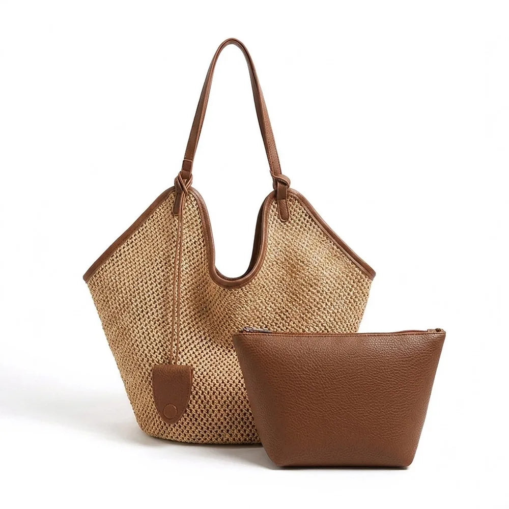 Bohemian Hollow Straw Tote Bag – Large Woven Beach Shoulder Bag Woven Straw Tote Bag Nixie Brown
