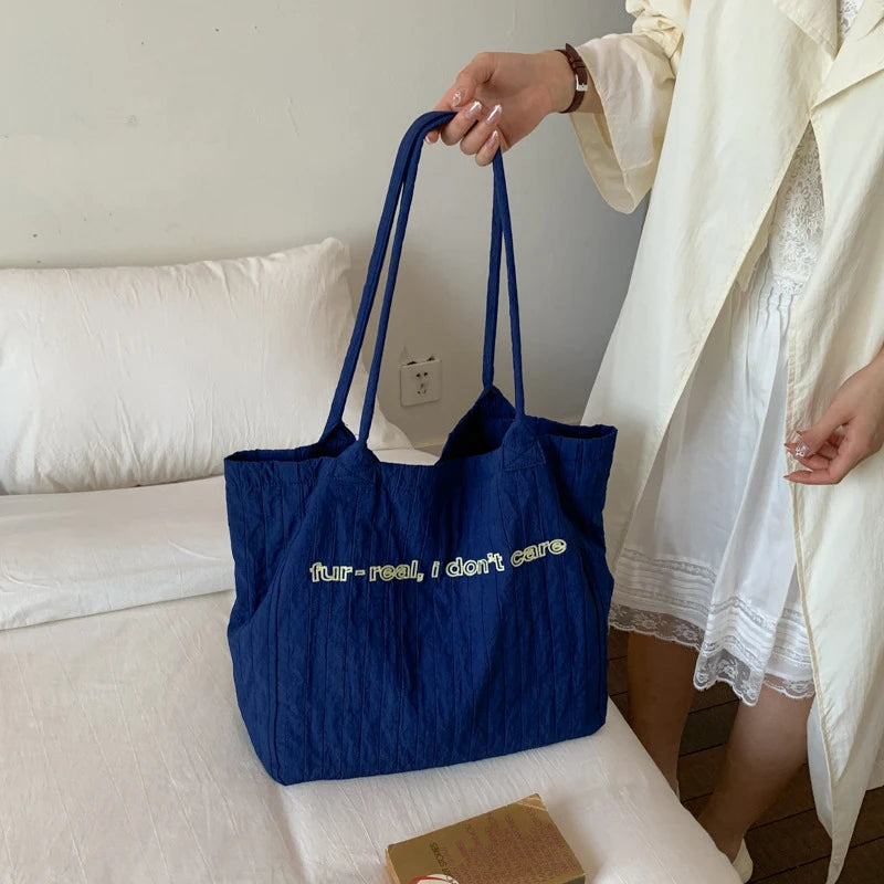 Pleated Letter Embroidery Tote Bag – Large Capacity Shoulder Bag Embroidery Tote Bag Nixie