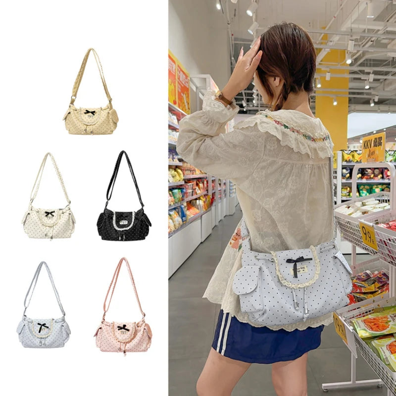Korean Lace Polka Dot Crossbody Bag – Cute Bowknot Shoulder Bag