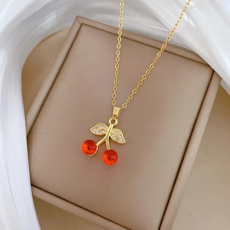 Cherry Pendant Necklace Women – Gold Stainless Steel Chain Pendant Necklace Nixie