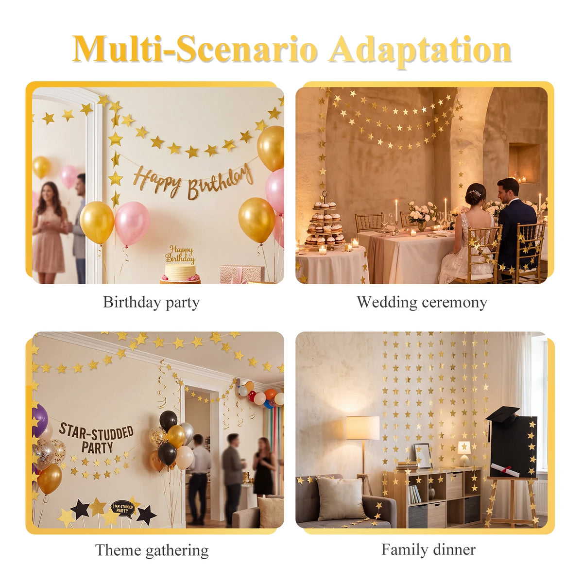 Gold Glitter Star Garland Banner – 12 Pc Party Backdrop Decor