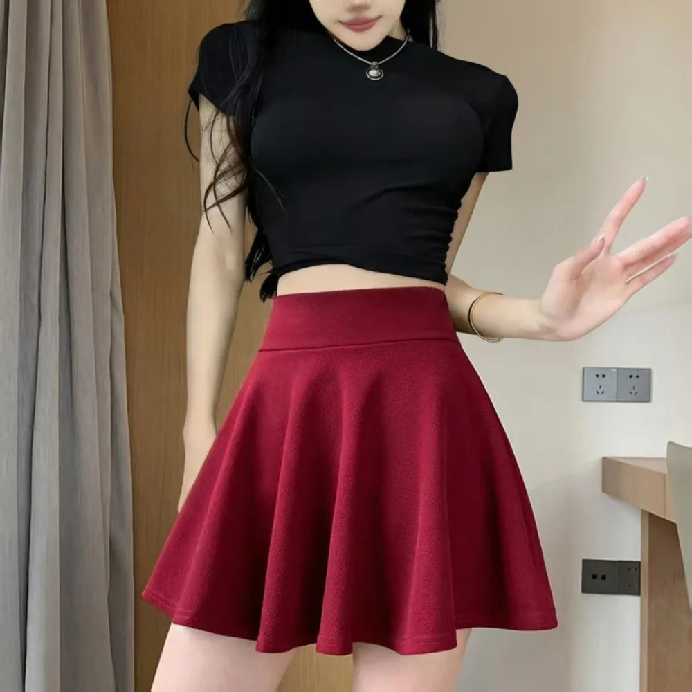 Women's Pleated Mini Skirt – Elastic Waist A-Line Casual Skirt Pleated Mini Skirt Nixie Red One Size