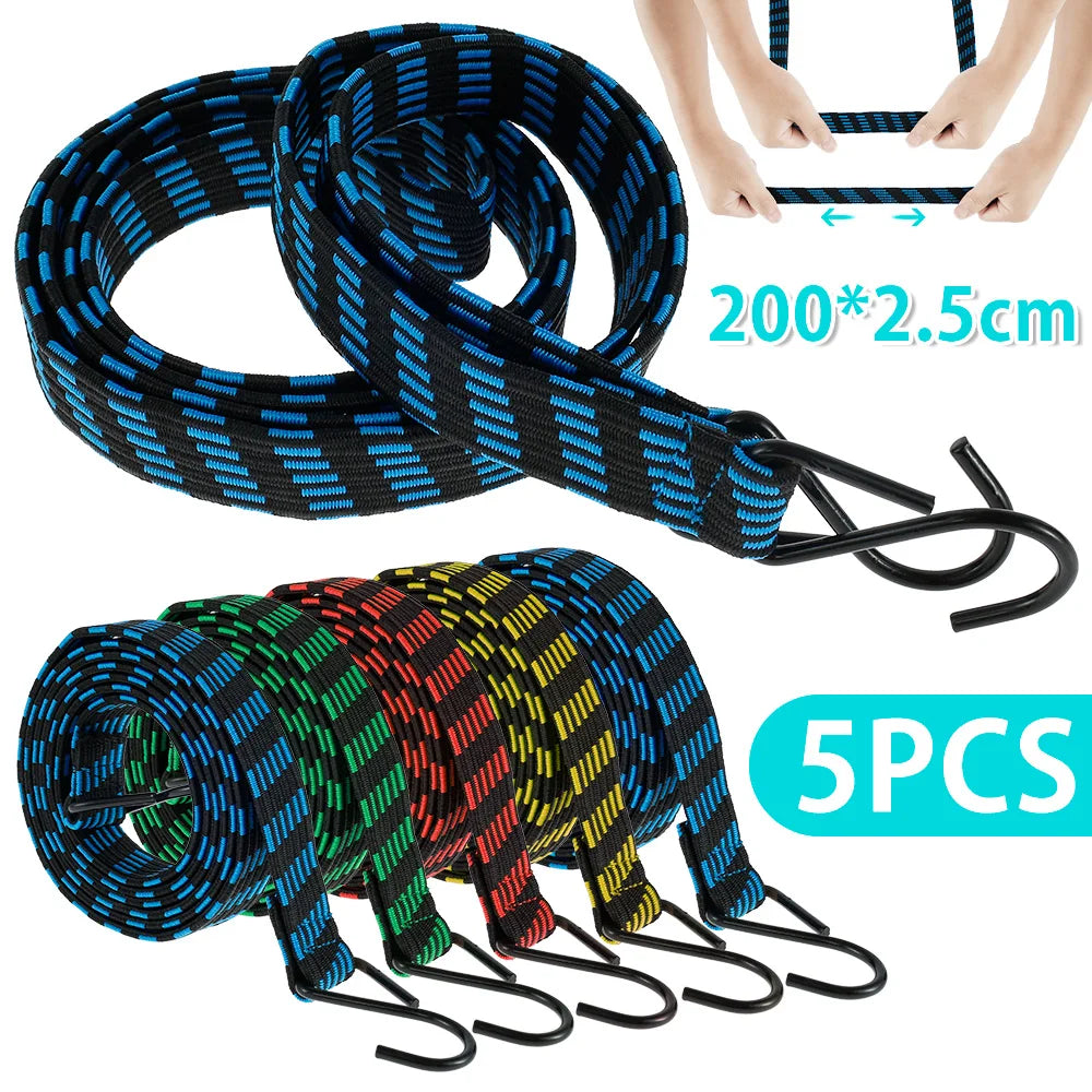 5-Pack Flat Bungee Cords with Hooks – 200cm Elastic Straps