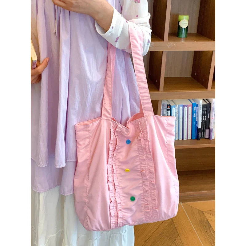 Women's Large Canvas Tote Bag – Lace Trim, Button Detail Canvas Shoulder Tote Nixie