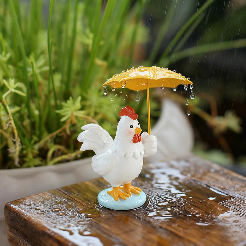 Rooster Figurine with Umbrella – Resin Garden Statue Decor Garden Figurine Nixie