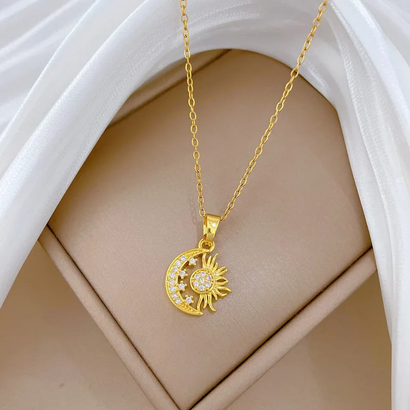 Moon Star Starburst Gold Copper Pendant Necklace for Women