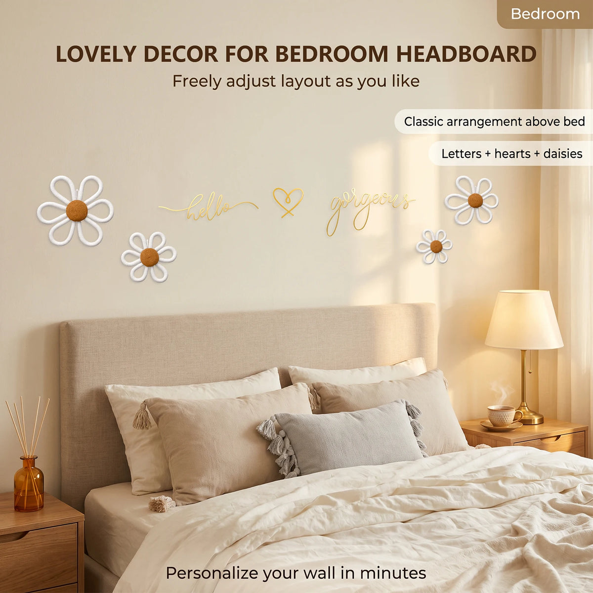 Boho Wall Decor Set – Metal Wire Signs, Heart & Daisy Ornaments