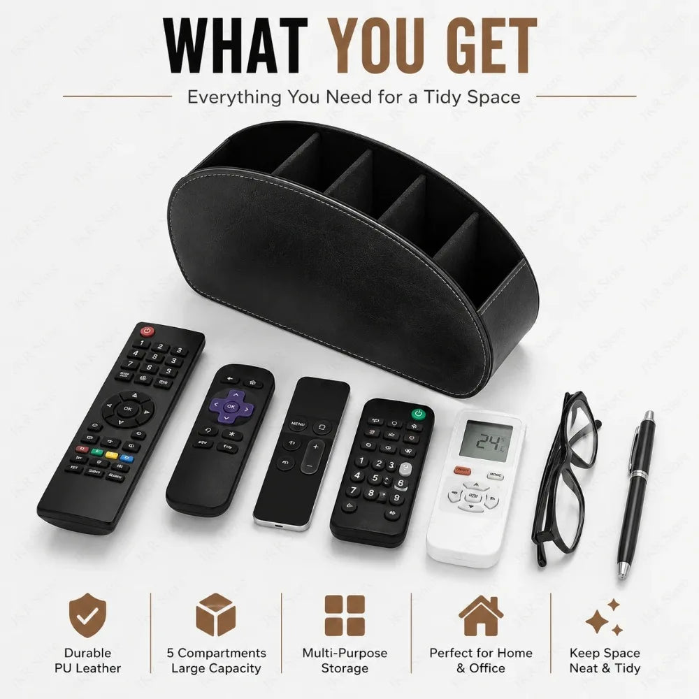 5-Compartment PU Leather Remote Control Holder & Desk Organizer