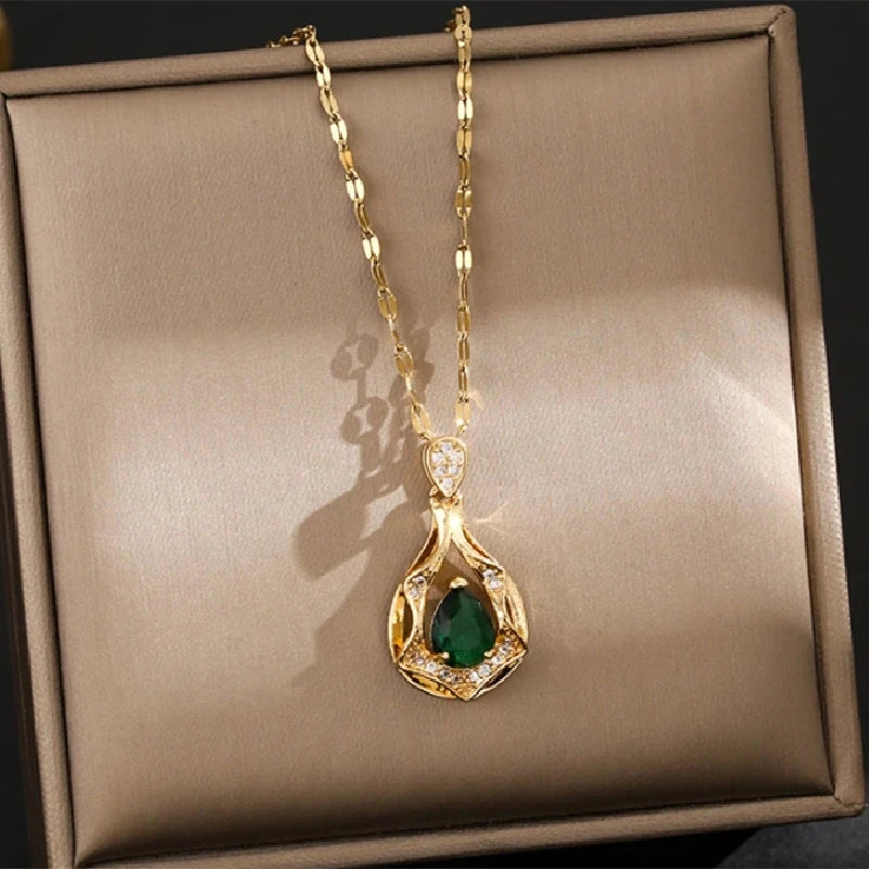 Green Gold Plated Copper Pendant Stainless Steel Necklace