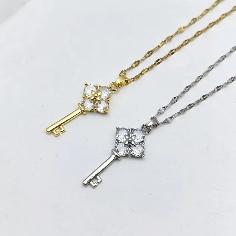 Key Copper Pendant Rhinestone Necklace | Steel Clavicle Chain Pendant Necklace Nixie