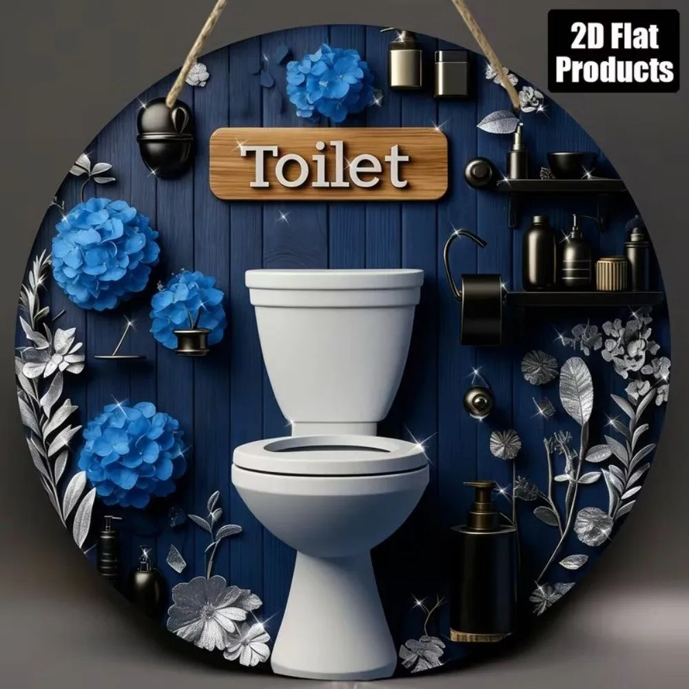 Wooden Hanging Bathroom Sign Round Farmhouse Wall Décor