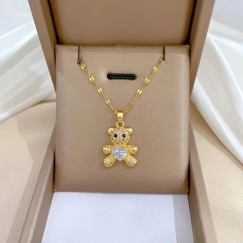 Heart Bear Pendant Choker Necklace – Gold Stainless Steel Pendant Choker Necklace Nixie