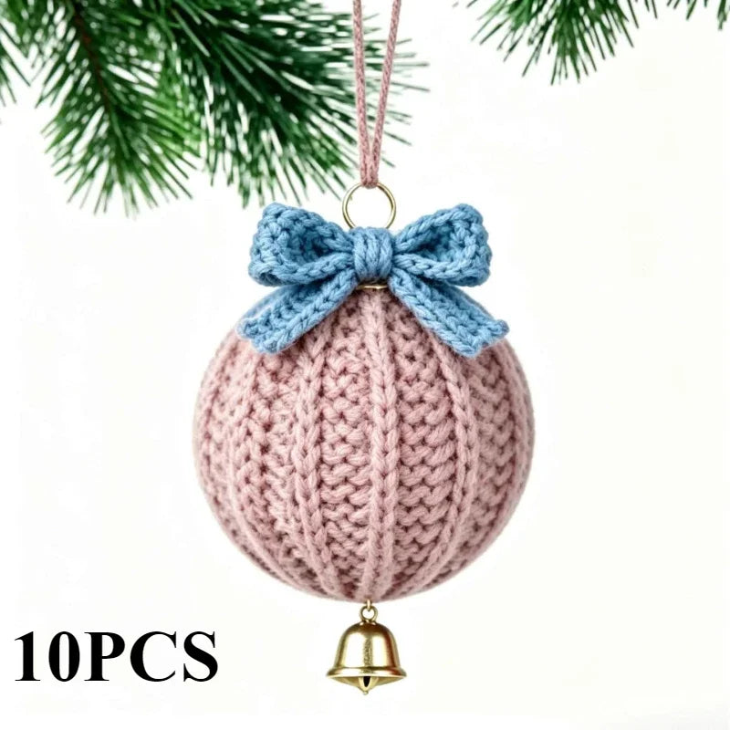 Hand Crochet Christmas Ball Ornaments with Bells – 10 Pcs Christmas Ornament Set Nixie pink blue-10pcs Diameter 8cm