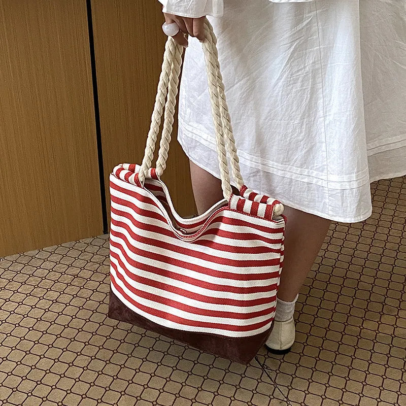 Large Striped Canvas Tote Bag – Preppy Shoulder Commuter Bag Canvas Tote Bag Nixie