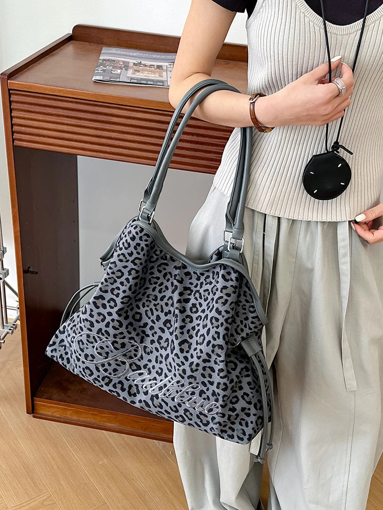 Women's Leopard Print Large Canvas Tote Bag | Drawstring Commuter Canvas Tote Bag Nixie